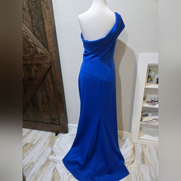 Eliza J Asymmetric-Neck Side-Pleat Scuba Gown NWT Size 12 Cobalt Blue - Picture 4 of 5